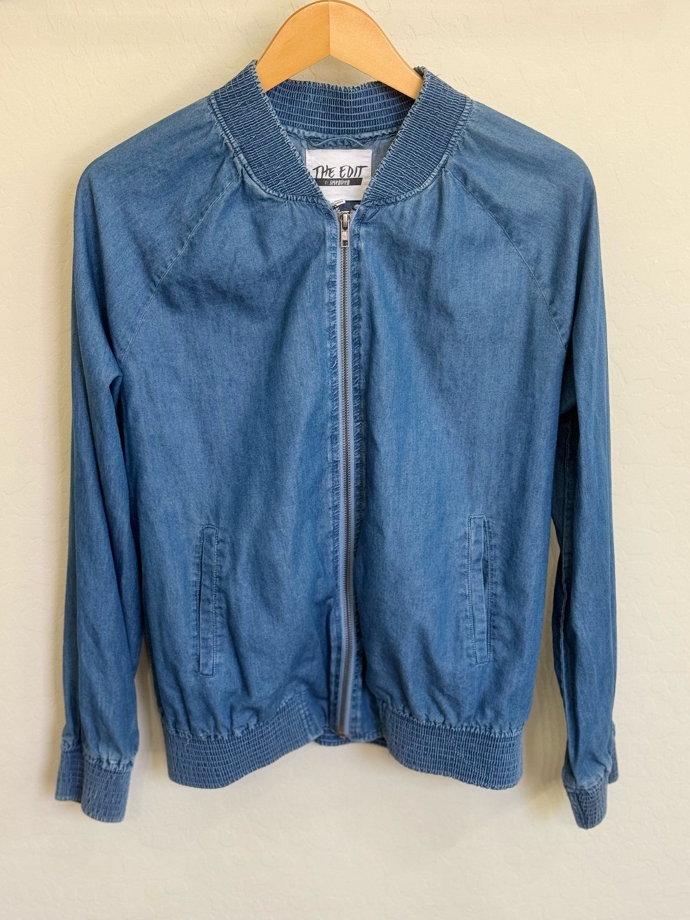 The Edit by Seventeen Lightweight Chambray Denim Zip-Up Bomber Jacket Size XL